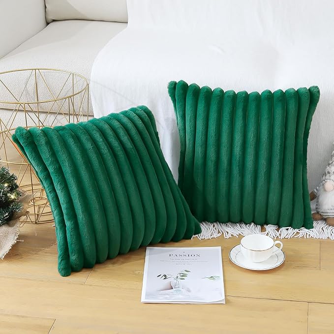 Soleebee Set of 2 Throw Pillow Covers Soft Cozy Velvet Pillowcase Faux Rabbit Fur Cover for Couch Sofa Bed Chair Home Decorative Pillows Cover (24x24 Inch, Christmas Green)