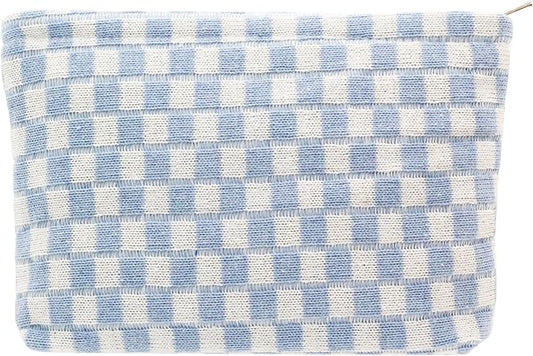 PAZIMIIK Knit Checkered Makeup Bag Large Zipper Make Up Accessory Pouch for Purse Cosmetic Brush Bag for Travel Essential,Blue