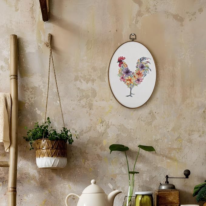 LKETW Floral Chicken Oval Wall Art Decor, Rustic Cottagecore Flower Chicken Oval Canvas Hanging Decor, Farmhouse Farm Animal Wall Decorations for Kitchen Home Bedroom Living Room, 8.6x11.4 Inch