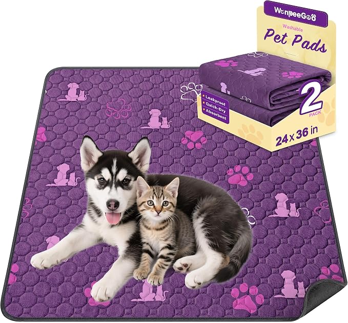 WanpeeGoo Washable Pee Pads for Dogs, Waterproof, 24 x 36 in, 2 Pack, Purp | Super Absorbent, Waterproof and Non-Slip; Washable, Reusable Dog Pads for Crates, Playpens, Floors, Furniture and Travel