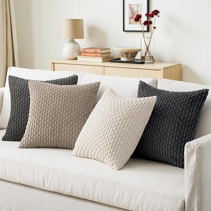 MIULEE Neutral Grey Decorative Throw Pillow Covers for Couch Bed Living Room 18x18 Inch Set of 4 Modern Western Striped Cushion Covers Soft Corduroy Pillowcases Industrial Home Decor Gradient Series