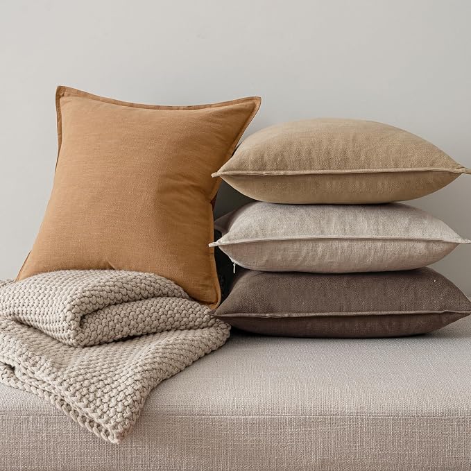 MIULEE Neutral Brown Boho Linen Pillow Covers 18x18 Inch Pack of 4 | Natural Fall Decorative Throw Pillow Covers, Soft Farmhouse Couch Pillowcases, Modern Decor for Living Room Bed Sofa