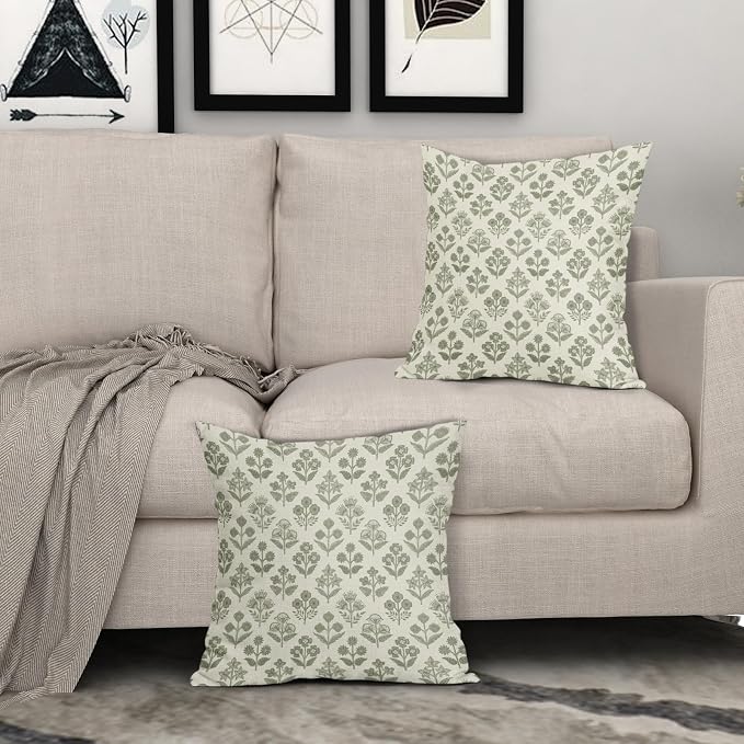 Sage Green Floral Pillow Covers 18x18 Inch Set of 2, Vintage Flower Block Print Pattern Decorative Throw Pillowcases Outdoor Farmhouse Cushion Covers Spring Summer Rustic Sofa Couch Bed Decor