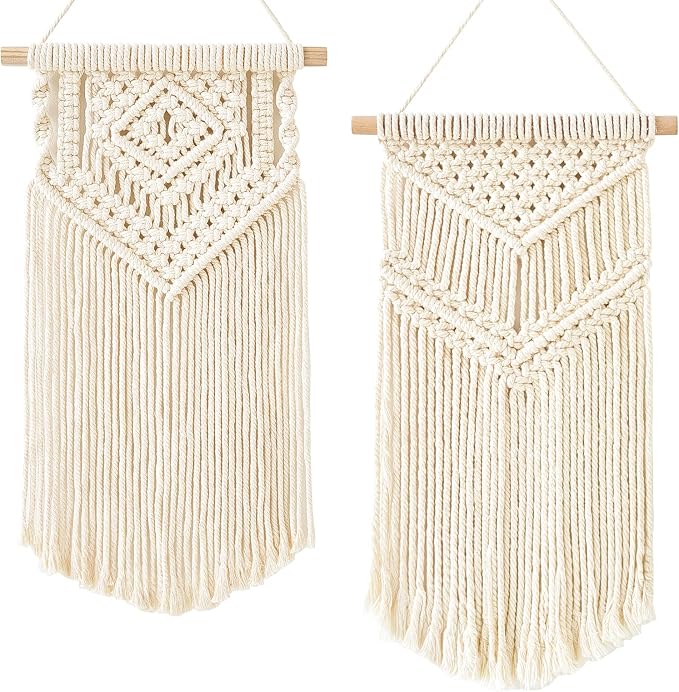 Dahey 2Pcs Small Macrame Wall Hanging, 2 Sizes Boho Tapestry Wall Art Decor | Woven Craft, Unique Tassels, Soft Cotton Cord, Wood Dowel, Ready to Hang, Boho Wall Decor for Bedroom Dorm Classroom Backdrop