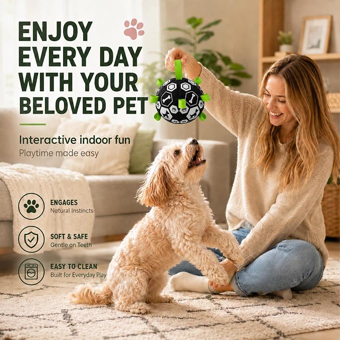 Dog Toys Dog Balls, Dog Soccer Ball Toy with Strap & Built-in Bell