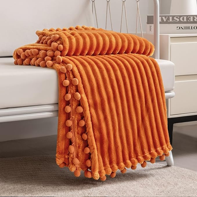 DISSA Fleece Blanket Twin Size – 60x80, Orange – Soft, Plush, Fluffy, Fuzzy, Warm, Cozy – Perfect Throw for Couch, Bed, Sofa - with Pompom Fringe - Flannel Blanket Throw Blanket