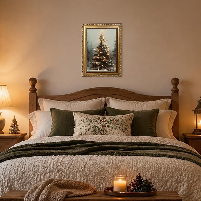 Fantasy Artists Christmas Framed Canvas Wall Art, Lighted Christmas Tree in Snowy Forest Gold Frame Print, Vintage Winter Holiday Decor for Living Room Bedroom Entryway, Ready to Hang, 12" Wx16 H