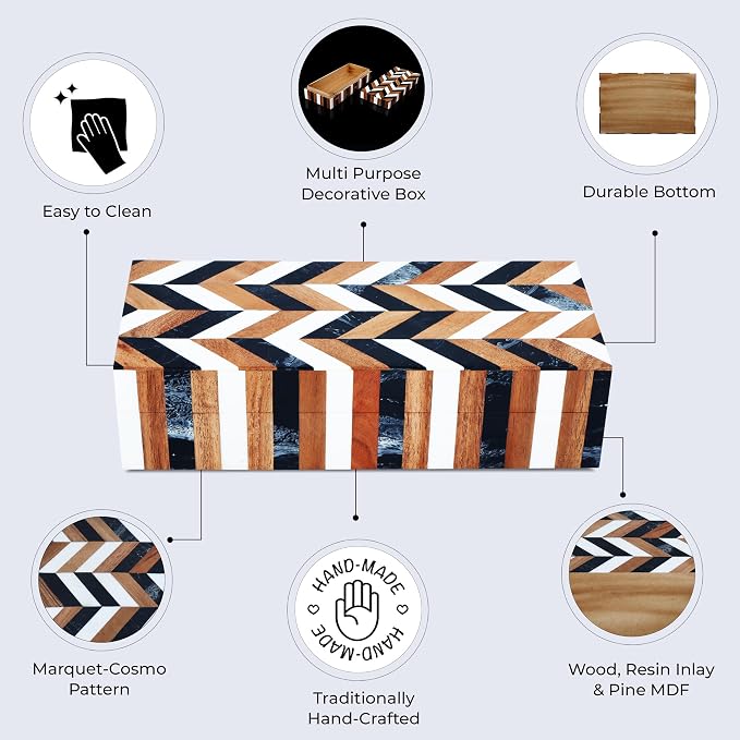 Handicrafts Home Decorative Storage Box with Lid Wooden Coffee Table Storage Box Decor Box for Living Room Styling – Natural Wood Resin Inlay Marquet Cosmo Collection- 10x4.5x2.5