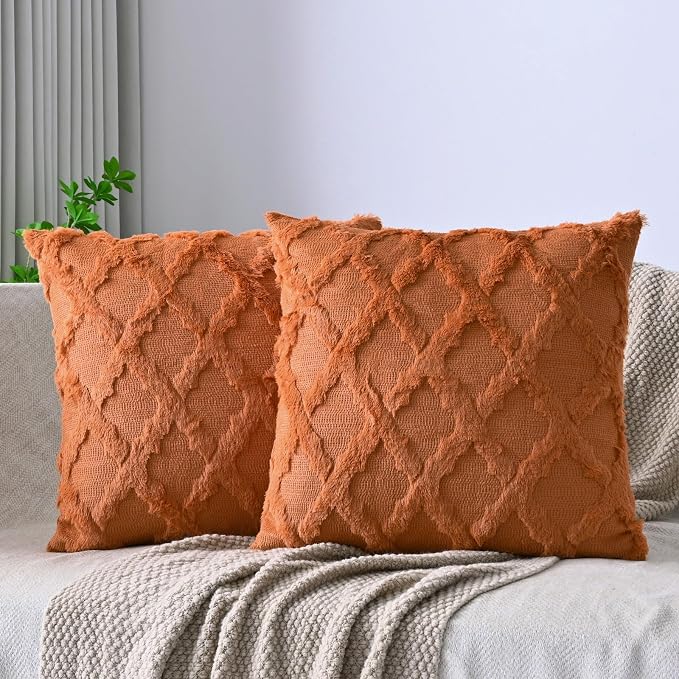 Set of 2 Soft Moroccan Throw Pillow Covers 20x20 Inch Plush Boho Decorative Pillow Cover Accent Cushion Case for Couch Sofa Bed, Burnt Orange