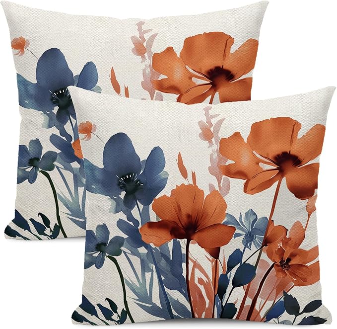 Fall Blue Orange Floral Throw Pillow Covers 18x18 Inches Set of 2 | Spring Summer Flower Pillow Covers Outdoor Rustic Decor Pillowcase Farmhouse Decorative Cushion Cover For Home Sofa