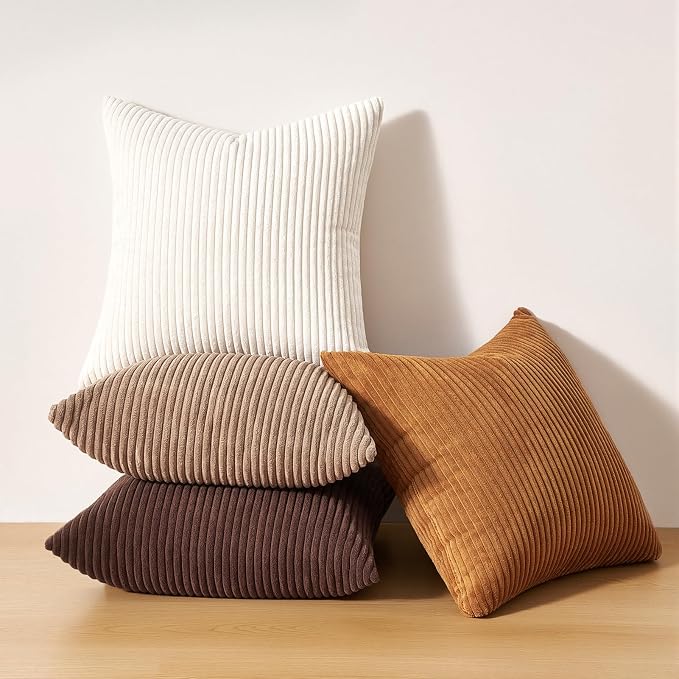 Topfinel 20 by 20 Pillow Covers Set of 4 Rustic Modern Soft Corduroy Striped Decorative Cushion Cover Gold Brown Gradient Farmhouse Pillow Case for Sofa Couch Living Room Bedroom