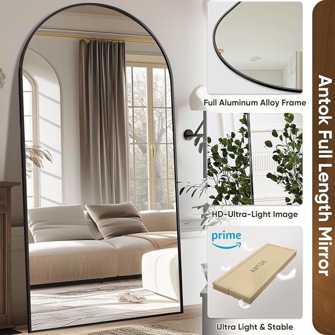 Antok 91" x46” Arched Full Length Floor Mirror, Black Aluminum Frame, Free Standing/Wall Mount/Leaning for Bedroom, Living Room, Dressing Room