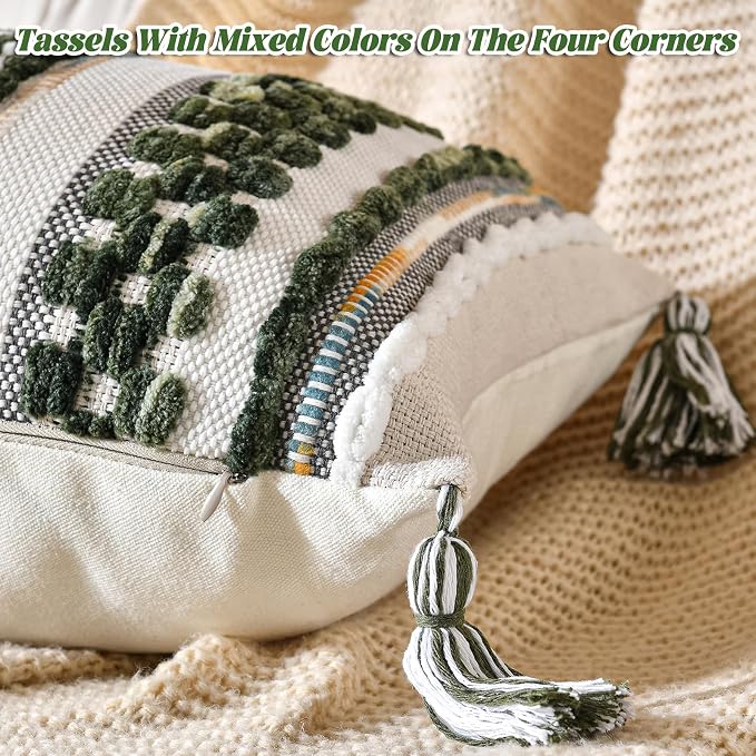 Chenille Striped Textured Boho Throw Pillow Covers Aesthetic with Tassels Woven Decorative Pillow Case for Couch Bed Sofa Bedroom Modern Funky 14 x 36-Inch Sage Green