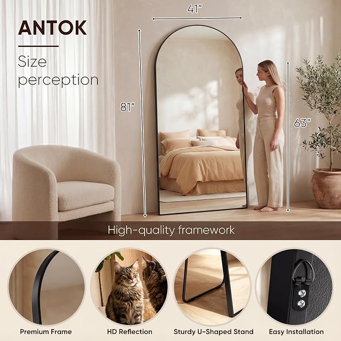 Antok 81" x41” Arched Full Length Floor Mirror, Black Aluminum Frame, Free Standing/Wall Mount/Leaning for Bedroom, Living Room, Dressing Room