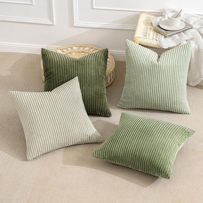 MIULEE Soft Corduroy Decorative Throw Pillow Covers Light Green 20x20 | Set of 4, Mordern Nordic Decor, Light Green Gradient Matching, Boho Farmhouse Cushion Covers for Couch Bed Sofa Living Room
