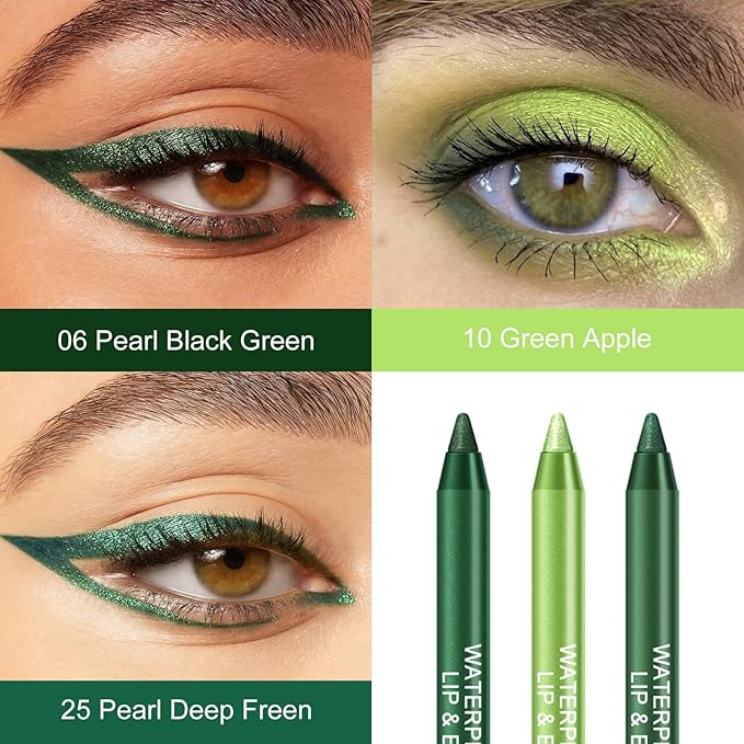 Ownest 3 Colors Shimmer Green Gel Eyeliner Pen, Pearl Metallic Eyeliner Pencil Kit, Glitter Eye Liner for Women, Professional Colorful Eye Makeup Pencil Set, Waterline Eyes Liner with Sharpener