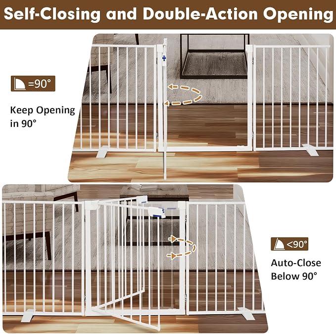 104" Extra Wide Dog Gate, Heavy Duty Metal Freestanding Dog Gate with Door for Indoor & Outdoor, Foldable Pet Fence for Doorways,House,Porch,Deck,Yard,Stairs, Auto Close(4 Panels,White)