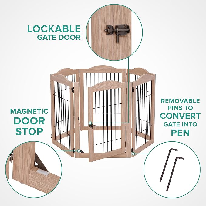 Arf Pets Freestanding Dog Gate with Door, 6 Panel 360° configurable Wooden Wire Fence, 132" Wide, 31.5" Tall, Foldable, Five Support Feet Included, for The House - Indoor Use