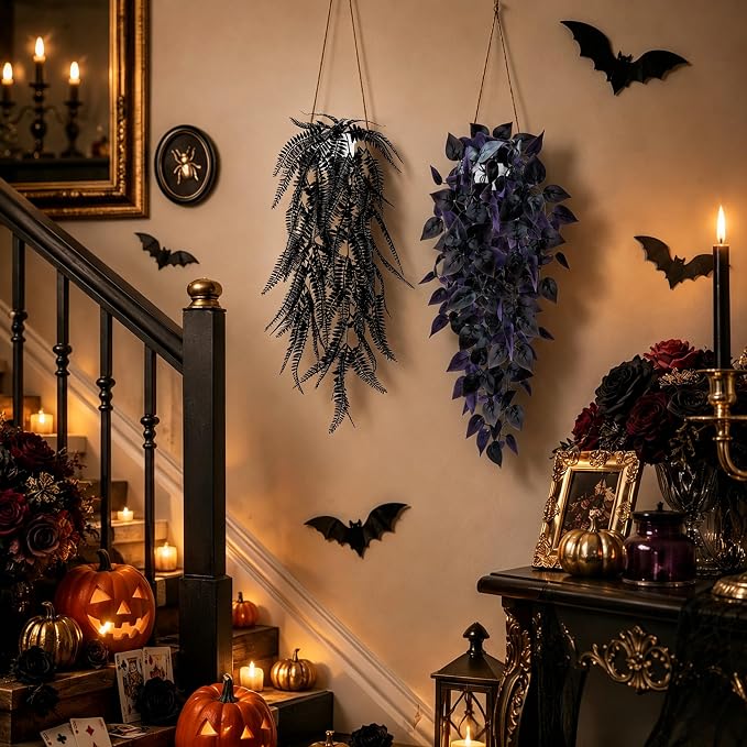 Der Rose 4 Pcs Fake Hanging Plants for Halloween Bathroom Decor Indoor | Black and purple party decorations for gothic halloween decor, bathroom shelves, covered porches and Halloween mantel decor