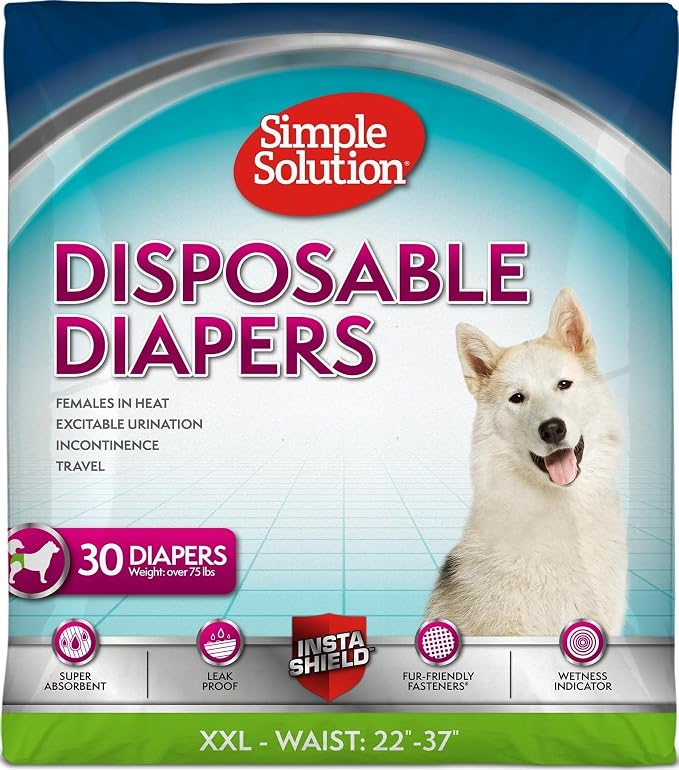 Simple Solution Female Dog Diapers, Disposable Dog Diapers, XXL, 30 Count | Dog in Heat, Potty Training, Incontinence Support, Leak Proof, Puppy Training, Disposable Protection, Secure Fit, 22-37 Inch