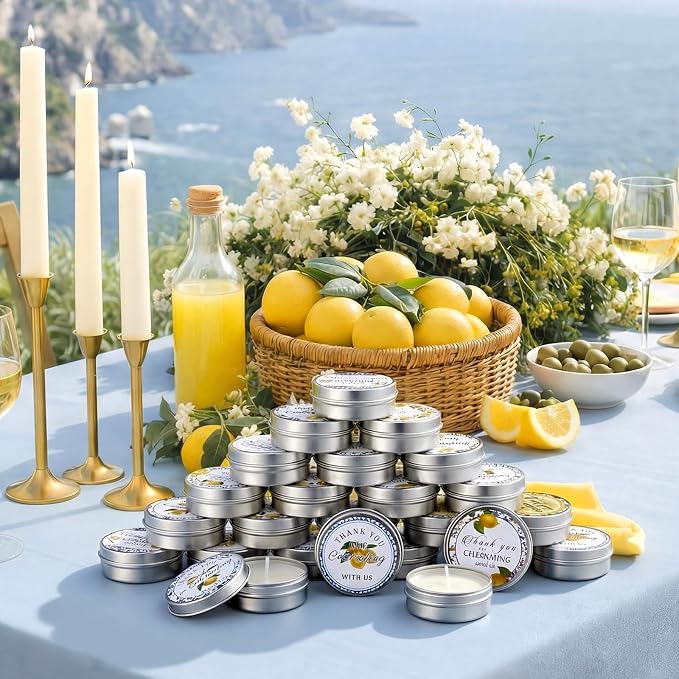 Treela 24 Pcs Capri Lemon Candles Favors Italian Lemon Scented Candle Tins with Lids Amalfi Coast Gifts for Mediterranean Wedding Bridal Baby Shower Party Favors Decorations