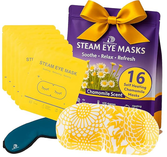 Steam Eye Mask - 16 Pack Chamomile Self-Heating Warm Compress for Dry Eyes, Puffy Eyes Relief, Cornea Care, and Relaxation – Soothing & Comfortable Heated Eye Pads