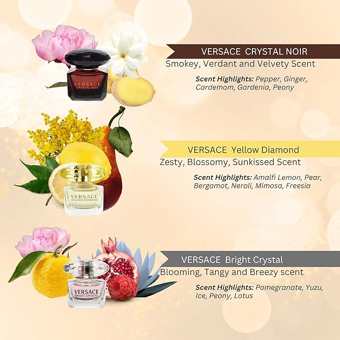 Versace Perfume for Women Variety 3-Piece Mini Gift Set – Yellow Diamond, Crystal Noir, Bright Crystal