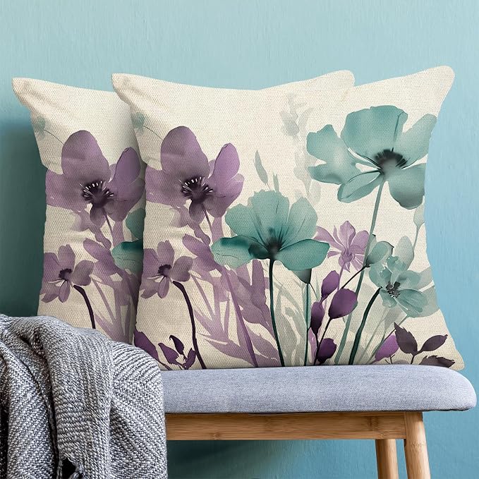 Spring Floral Pillow Covers 18x18 Inches Set of 2 Purple Teal Floral Throw Pillow Cover Outdoor Summer Flower Decoration Pillowcase Farmhouse Decorative Linen Cushion Cover For Home Couch Sofa