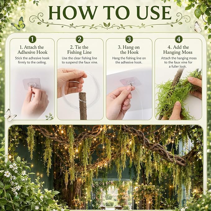 Hanging Green Spanish Moss Classroom Fairy Party Ceiling Decor | Artificial Vines for Safari Tropical Whimsical Wall Decor, Enchanted Indoor Outdoor Garden DIY Hanging Greenery