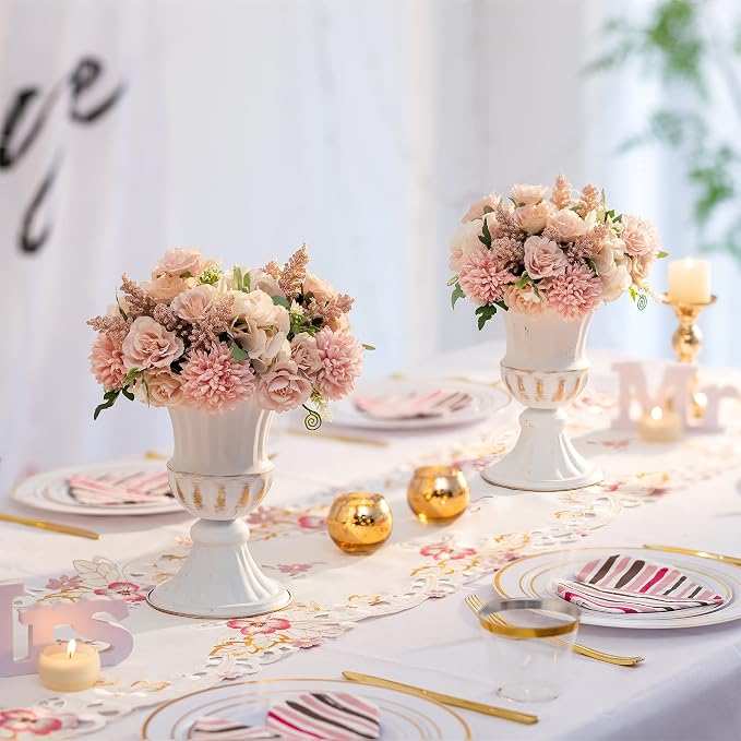 Sziqiqi White Metal Vase for Centerpiece, Table Flower Arrangements, 10Pcs | 9in Tall Compote Vase, Trumpet Urn Vase for Decoration, Planter Pot for Artificial Flower, For Reception, Home, Party Decor