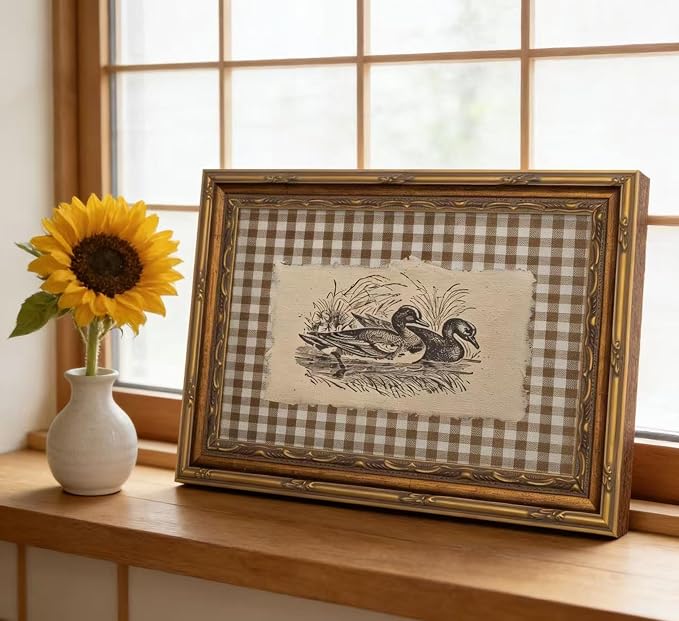 Vintage Gold Framed Wall Art, Brown Gingham Sketch Ducks Canvas Prints, Retro Rustic Farmhouse Animal Picture Wall Decor, Country Cottagecore Goose Poster Artwork for Living Room Bedroom