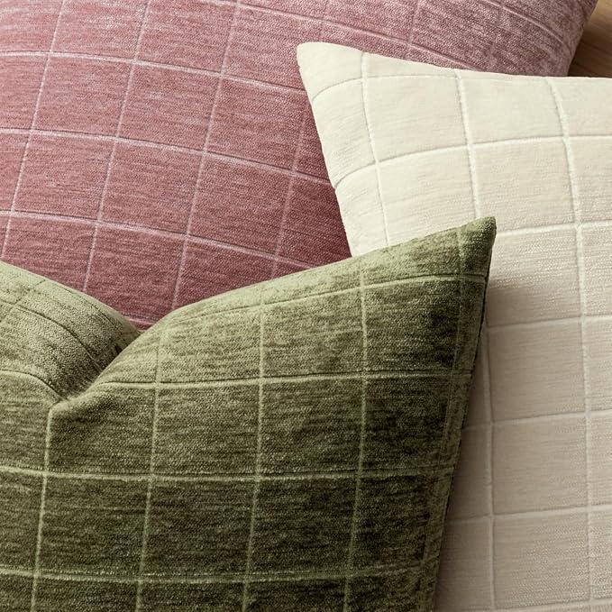 MIULEE Olive Green Plaid Decorative Throw Pillow Covers 20x20 Set of 2 | Vintage, Check Chenille Couch Pillows, Neutral Boho Farmhouse Cushion Covers, Modern Home Decor for Sofa Bed Living Room