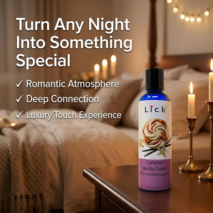 Lick Caramel Vanilla Cream Flavored Massage Oil – Tropical Edible Massage Oil with Sweet Almond Oil & Vitamin E, Hydrating Body-Safe Formula for Relaxing Couples Massage, 4 oz