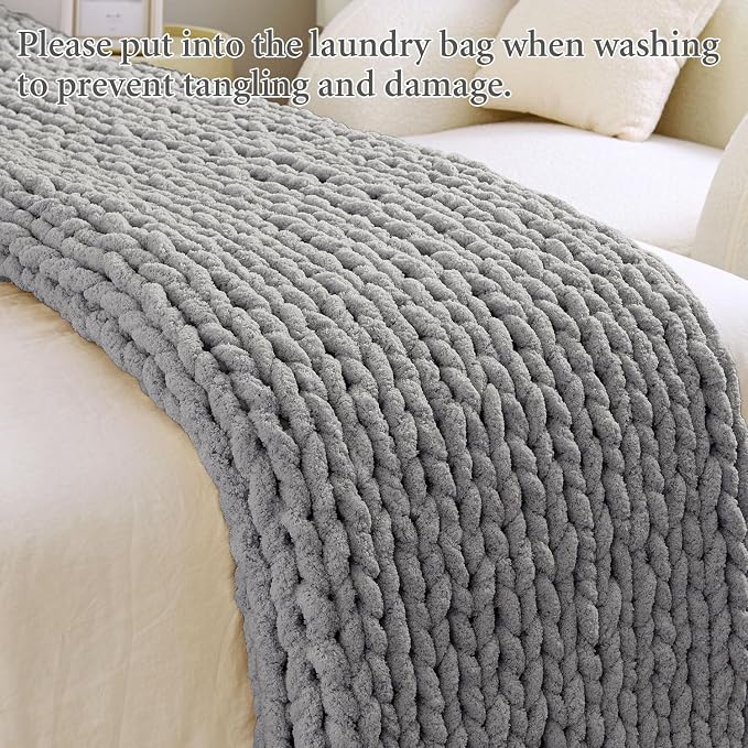 Chunky Knit Blanket Throw for Couch, 51"x63" Chunky Yarn Knitted Blankets | 100% Hand Knit Thick Chenille, Soft Breathable for Bed, Sofa, Home Decor, Cozy Gifts for Women Friends, Dark Gray