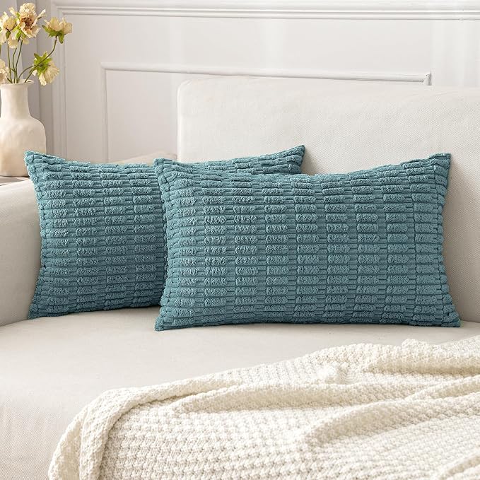 MIULEE Lumbar Corduroy Decorative Throw Pillow Covers 12x20 Coastal Blue | Pack of 2 Soft Boho Striped Pillow Covers Modern Farmhouse Home Decor For Sofa Living Room Couch Bed