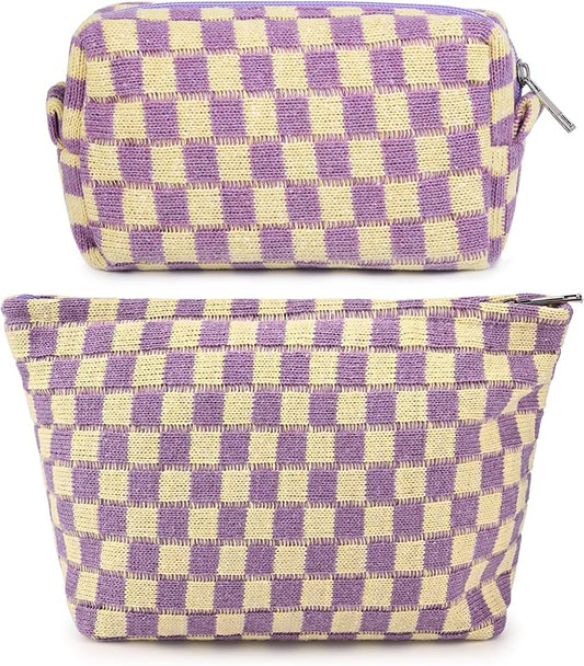 SOIDRAM 2 Pcs Checkered Makeup Bag Large Cosmetic Bag Toiletry Bag Makeup Pouch Travel Bag Organizer Cute Makeup Brushes Aesthetic Accessories Storage Bag for Women Purple
