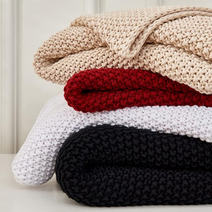 Chunky Cable Knit Throw Blanket Lightweight Beige 100% Organic Cotton Blanket for Sofa Couch Bed Baby Nursery, Rustic Shabby Chic Modern Farmhouse, 60” x 80”