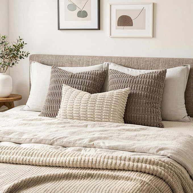 MIULEE Lumbar Corduroy Decorative Throw Pillow Covers 12x20 Cream White | Pack of 2 Soft Boho Striped Pillow Covers Modern Farmhouse Home Decor For Sofa Living Room Couch Bed