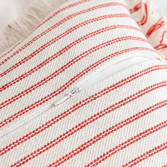 YEENAASY Throw Pillow Covers 12x20 Boho Striped Pillow Cases with Tassel | Set of 2 Fringe Pillow Cover Farmhouse Cushion Covers Neutral Pillows Decorative Lumbar Pillowcase for Couch Sofa Bed, Red