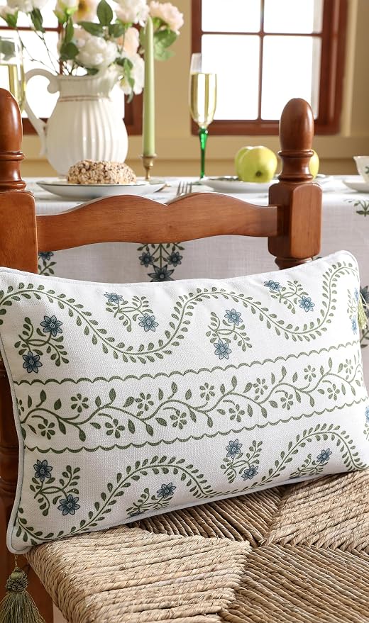 Designer Linen Throw Pillow Cover,Set of 2,20"x12"-Mosella D | French Elegant Rectangle Decor Pillow Cover,Concealed Zipper Design,Floral Pattern,Sofa,Bedroom,Living Room,Lounge Chairs