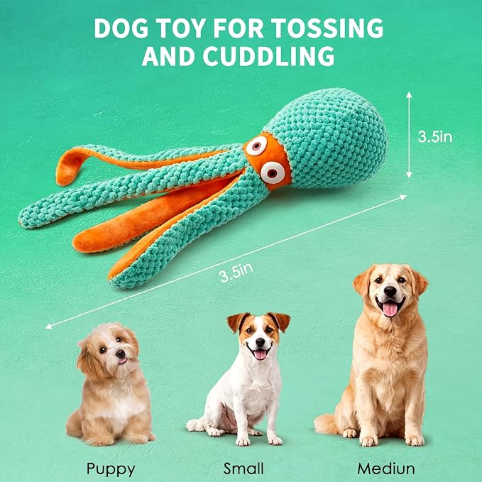 Fuufome Squeaky Octopus Plush Dog Toy for Small Medium Dogs | Soft Crinkle Chew Toy for Puppies Teething, Indoor Interactive Tug-of-War Dog Toy