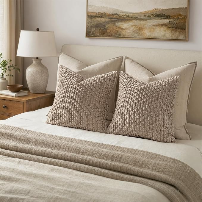 MIULEE Decorative Throw Pillow Covers 18x18 Light Brown Textured Corduroy | Pack of 2 Striped Pillow Covers Modern Farmhouse Fall Home Decor for Couch Bed Sofa Living Room