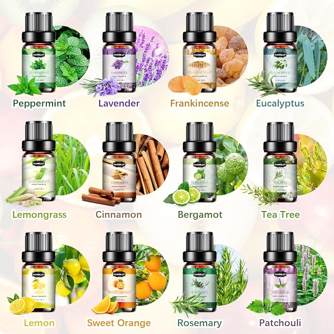 Essential Oils Set, Aromatherapy Essential Oil Kit for Diffuser, Humidifier, Massage, Skin Care (12 x 5ml) - Tea Tree, Lavender, Sweet Orange, Eucalyptus, Lemongrass, Peppermint