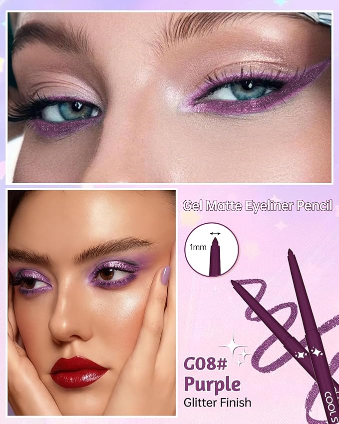 Glitter Gel Eyeliner Pencil,Retractable Cream Purple Eye Liner Pencils,Waterline Eye Makeup Liners,Waterproof & Smudge Proof Eyeliner Facial Makeup Gift for Mature Women,Girls, Christmas - G08 Purple