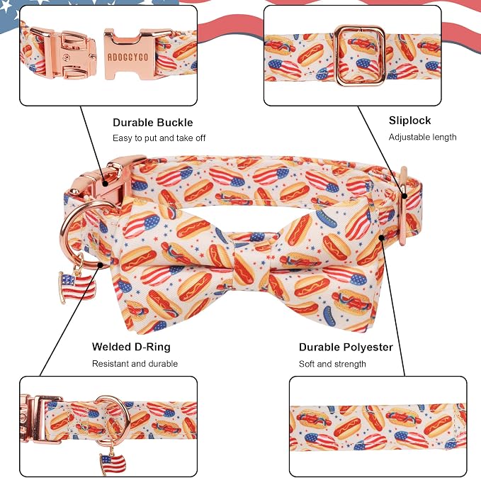 ADOGGYGO 4th of July Dog Collar with Bow Tie, Detachable Patriotic Hot Dog Print Bowtie, Adjustable American Flag Collar for Medium Dogs (M)