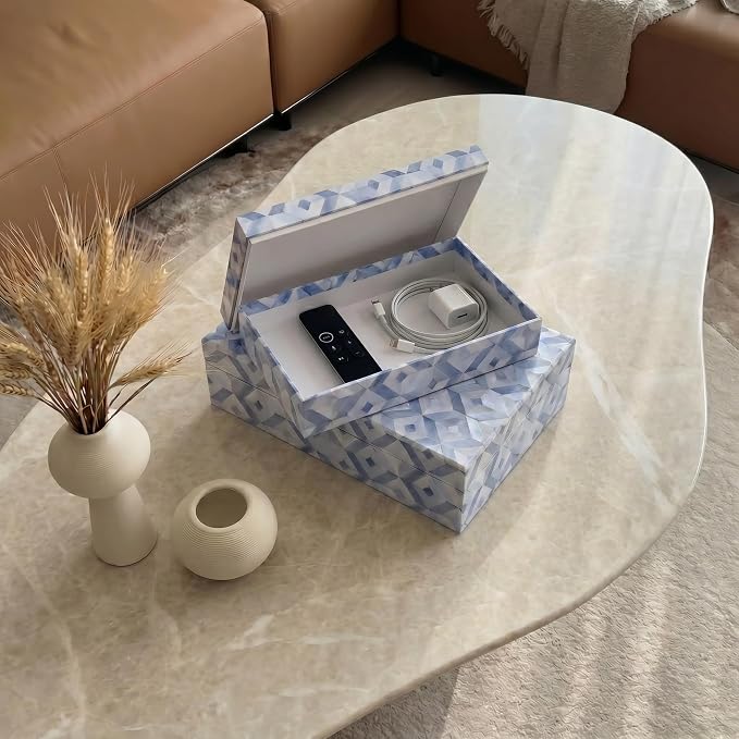 Decorative Storage Boxes with Lids - Set of 2 Organizer Bins for Bookshelf | Beautiful Home Decor - Safely Store Photos, Documents and Memory Box Keepsakes on Your Shelves in Style