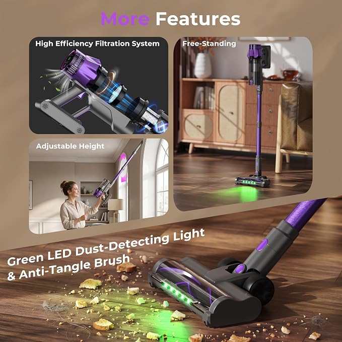 Cordless Vacuum Cleaner for Pet Hair, Powerful Suction, Up to 70Min Runtime | 600W Bushless Motor, Self-Standing, LED Smart Display, Anti-tangle Stick Vacuum Cleaner for Pet Hair, Carpet, Hard Floors