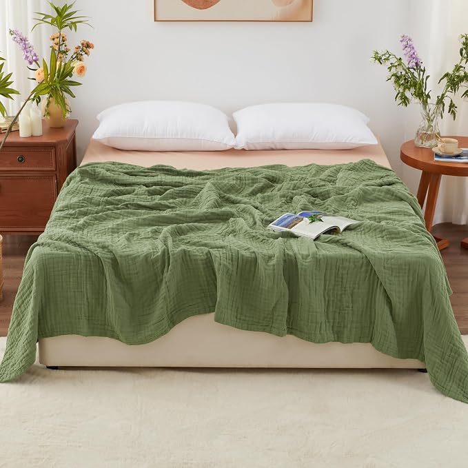 Love's cabin 100% Cotton Muslin Blanket, 6 Layer Lightweight Breathable Gauze Queen Size Blanket 90 x 90 Inches, Soft All Season Blanket for Bed, Sage Green