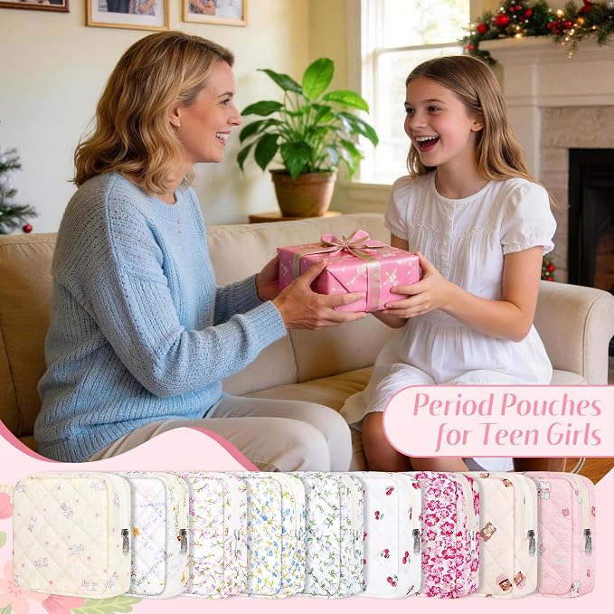 Likesing Quilted Period Bag, Period Pouches for Teen Girls Womens, Portable Floral Print Sanitary Napkin Storage Bag Feminine Emergency Tampon Pad Pouch(Cherry White)