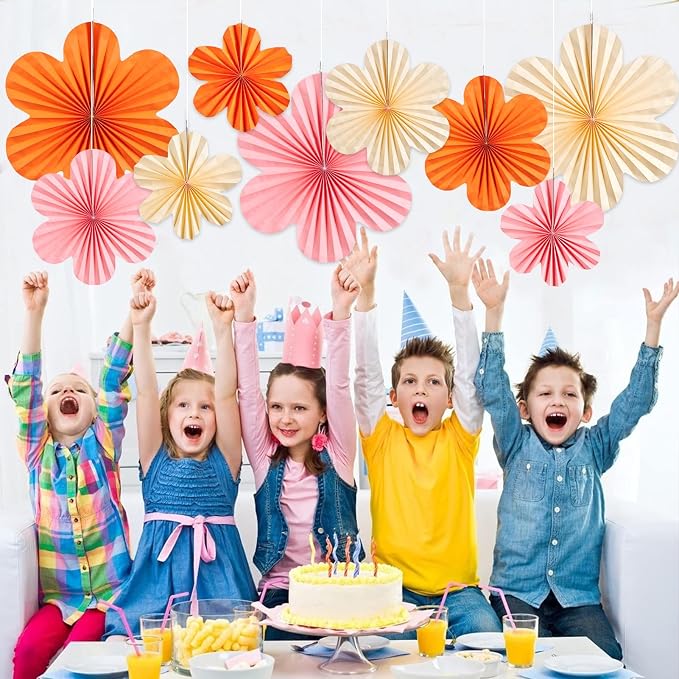 SUNBEAUTY Paper Flowers Decorations Pink and Orange for Wall Paper Fans Classroom Decoration Paper Floral Backdrop Decor Paper Fans Decor Hanging Paper Fans Orange Flower Wall Decor Set of 9